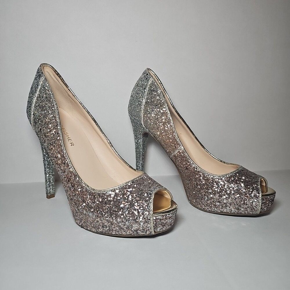 Women's Marc Fisher Peep Toe Metallic Glitter Sparkle Gold Silver Heels Pumps 7M